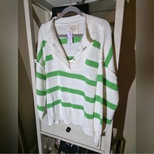 Fantastic Fawn White & Green Striped V-Neck Sweater